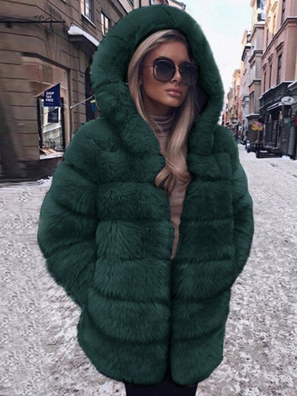 Faux Fur Coat With Hood Casual Winter Midi Jacket For Women 2026