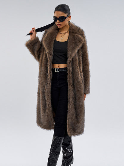 Faux Fur Coats In Deep Brown Notched Lapel Oversized Winter Long Jacket For Women 2026
