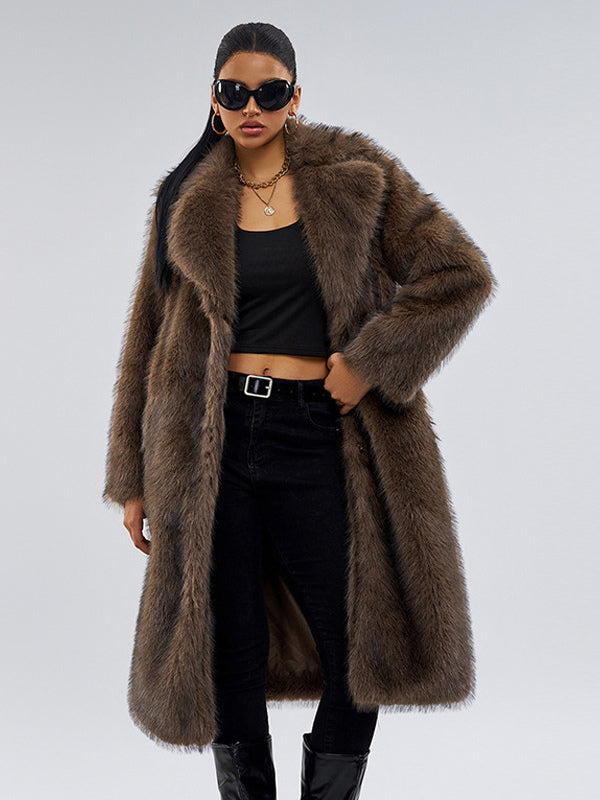 Faux Fur Coats In Deep Brown Notched Lapel Oversized Winter Long Jacket For Women 2026
