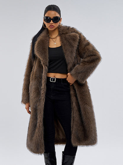 Faux Fur Coats In Deep Brown Notched Lapel Oversized Winter Long Jacket For Women 2026