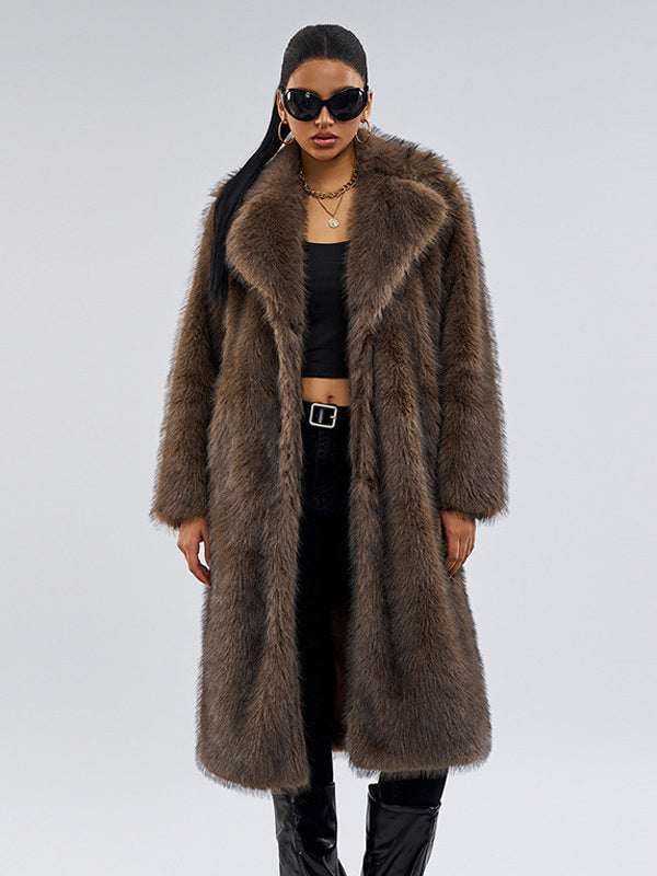 Faux Fur Coats In Deep Brown Notched Lapel Oversized Winter Long Jacket For Women 2026