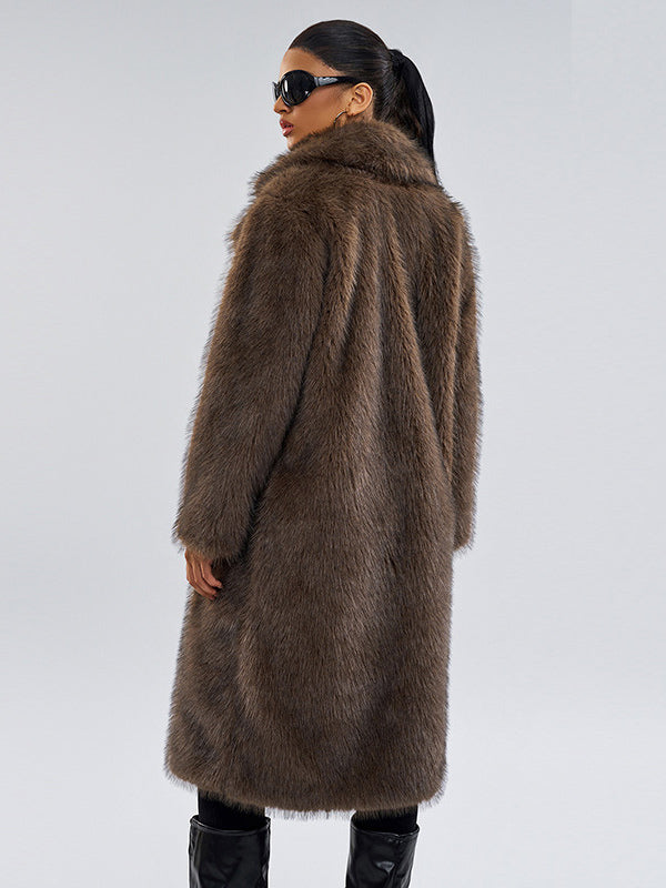 Faux Fur Coats In Deep Brown Notched Lapel Oversized Winter Long Jacket For Women 2026