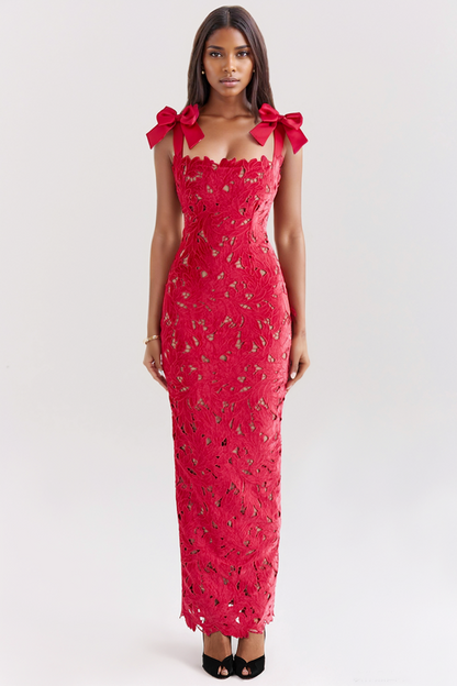Veronica Bow Strap Embroidered Lace Maxi Dress