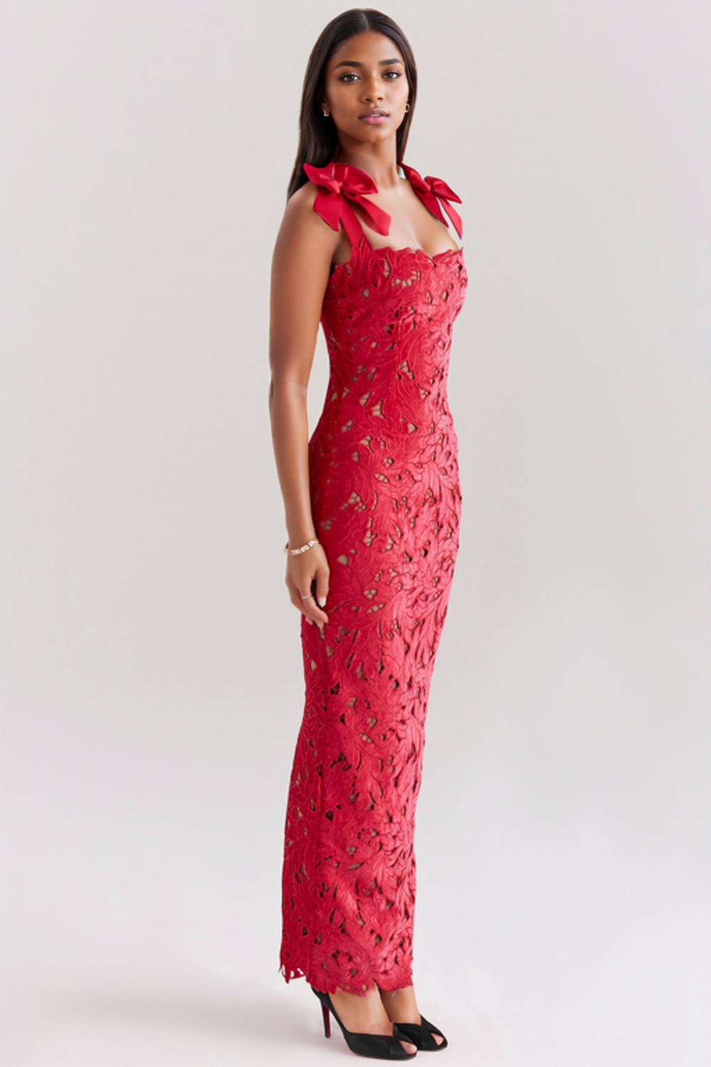 Veronica Bow Strap Embroidered Lace Maxi Dress