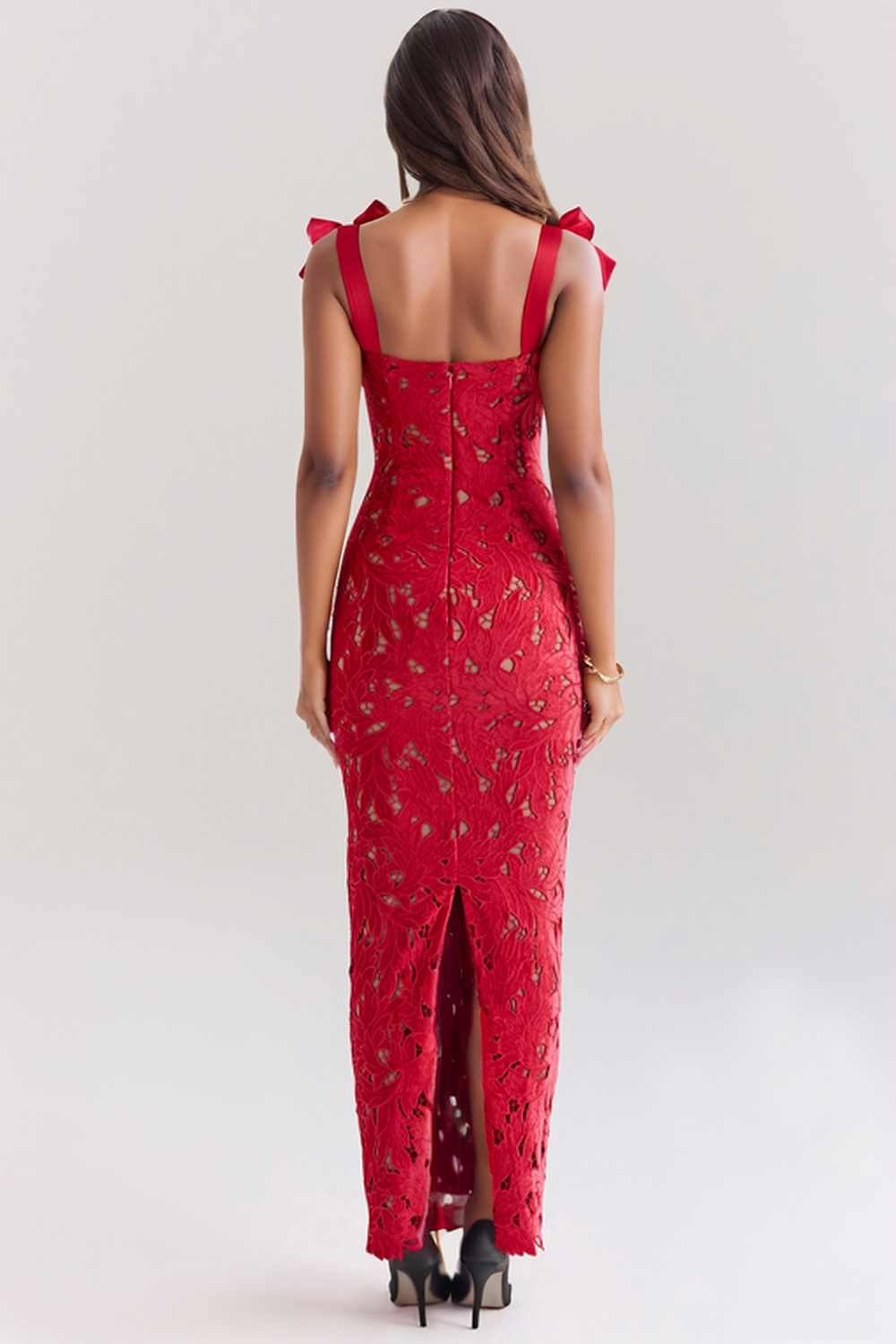 Veronica Bow Strap Embroidered Lace Maxi Dress