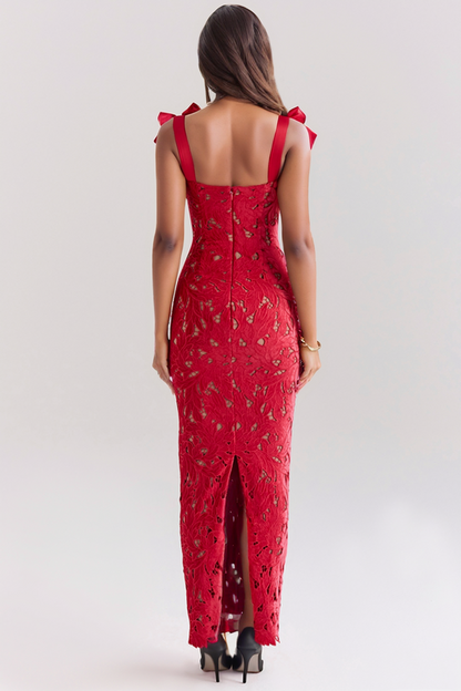 Veronica Bow Strap Embroidered Lace Maxi Dress