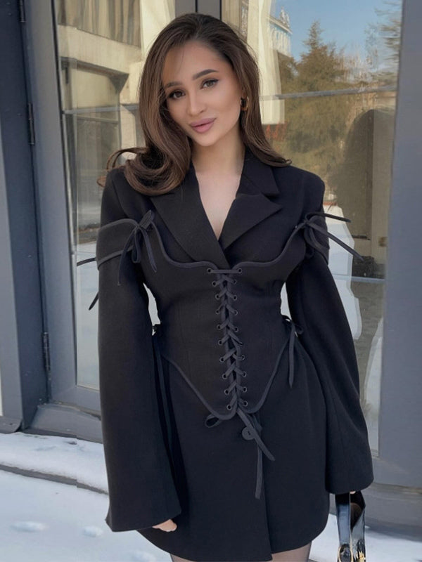 Blazer Dresses Turndown Collar Two-Tone Lace Up Long Sleeves Chic Women's Clothing Mini Dresses