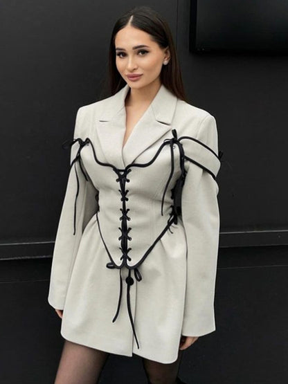 Blazer Dresses Turndown Collar Two-Tone Lace Up Long Sleeves Chic Women's Clothing Mini Dresses