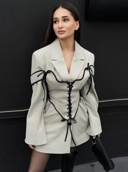 Blazer Dresses Turndown Collar Two-Tone Lace Up Long Sleeves Chic Women's Clothing Mini Dresses