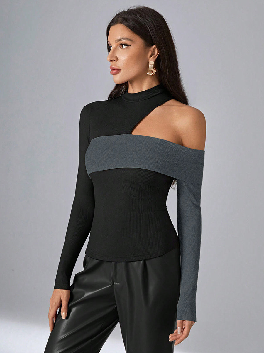 Long Sleeves Tees Black Polyester Color Block Asymmetrical Designed Neckline Women T Shirt