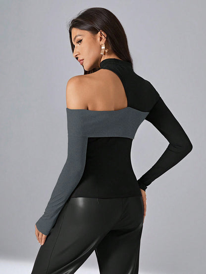 Long Sleeves Tees Black Polyester Color Block Asymmetrical Designed Neckline Women T Shirt
