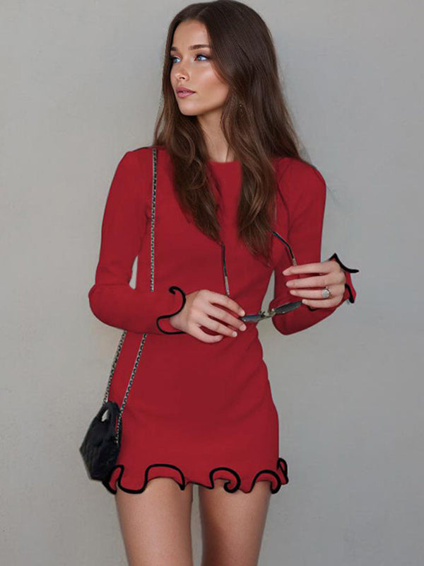 Soft Pink Bodycon Dress Elegant Pleated Long Sleeves Mini Dress For Women 2026
