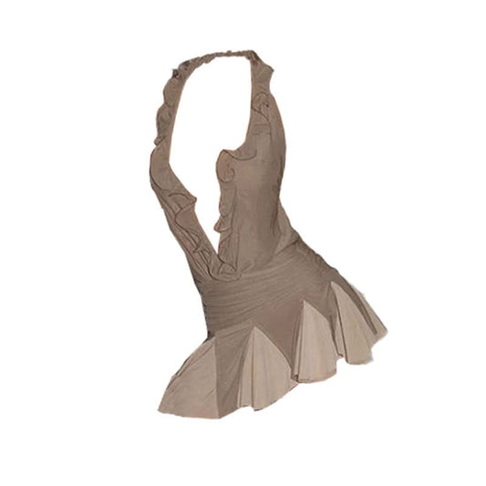 Halter deep v neck backless contrast ruffle mini dress