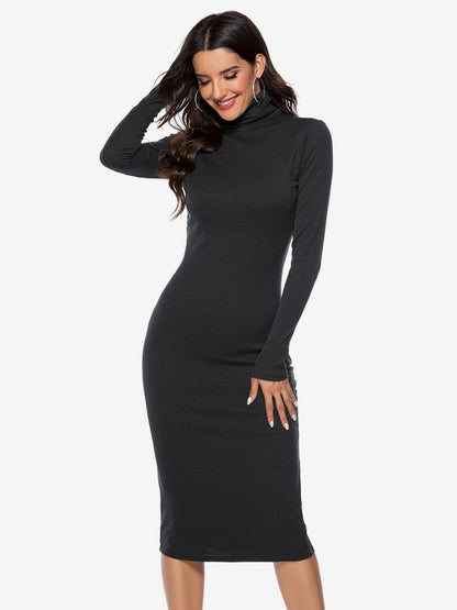 Knitted Dress For Women Comfy Polyester Long Sleeves High Collar
