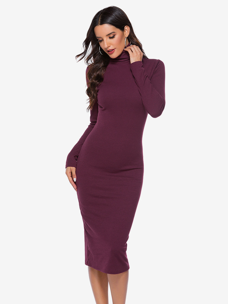 Knitted Dress For Women Comfy Polyester Long Sleeves High Collar
