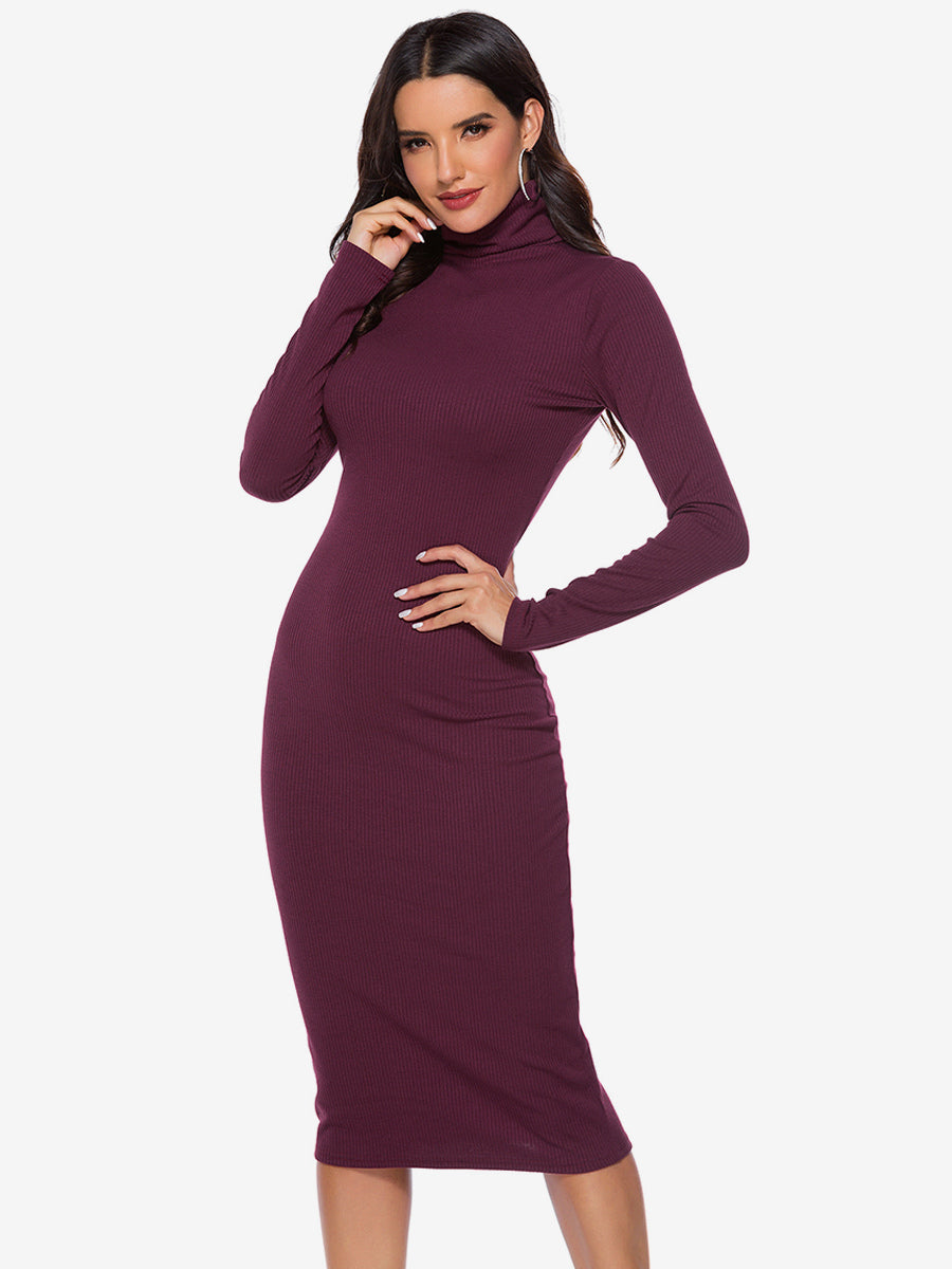 Knitted Dress For Women Comfy Polyester Long Sleeves High Collar