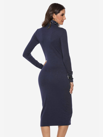 Knitted Dress For Women Comfy Polyester Long Sleeves High Collar