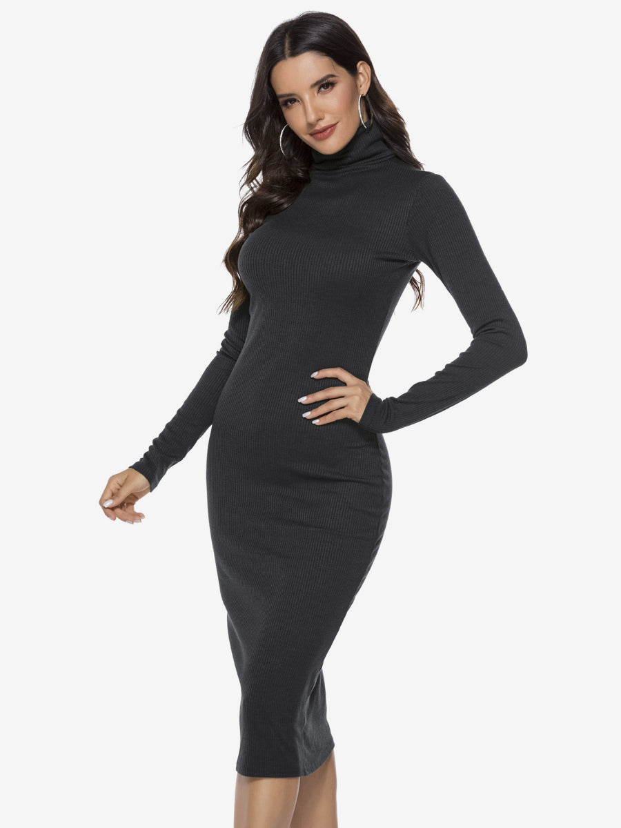 Knitted Dress For Women Comfy Polyester Long Sleeves High Collar