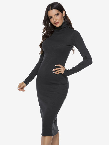 Knitted Dress For Women Comfy Polyester Long Sleeves High Collar