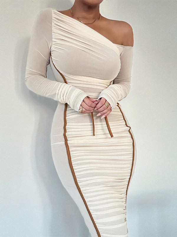 Bodycon Dresses Apricot Two-Tone Long Sleeves Pleated Chic One-Shoulder Midi Dress Sheath Dress