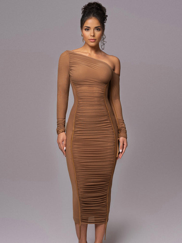 Bodycon Dresses Apricot Two-Tone Long Sleeves Pleated Chic One-Shoulder Midi Dress Sheath Dress