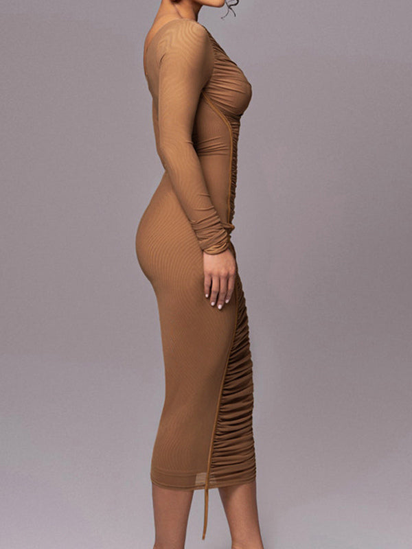 Bodycon Dresses Apricot Two-Tone Long Sleeves Pleated Chic One-Shoulder Midi Dress Sheath Dress