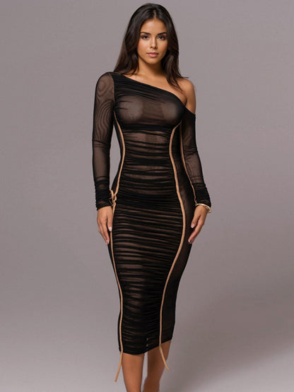 Bodycon Dresses Apricot Two-Tone Long Sleeves Pleated Chic One-Shoulder Midi Dress Sheath Dress