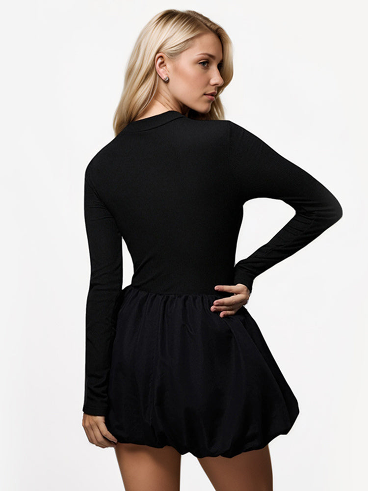 A-line Dress With Bubble Hem Mock Neck Long Sleeves Sheer Birthday Party Short Dress For Women 2026