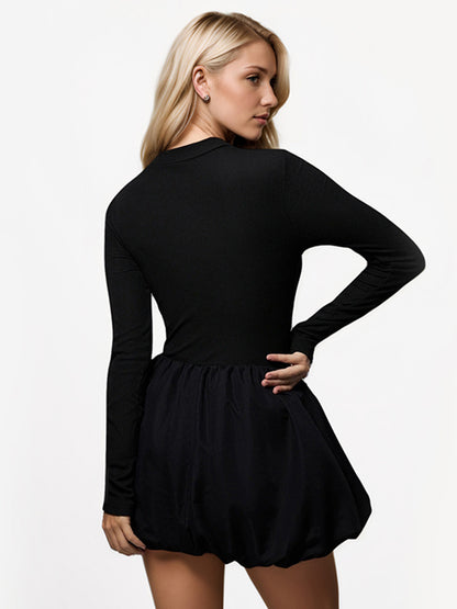 A-line Dress With Bubble Hem Mock Neck Long Sleeves Sheer Birthday Party Short Dress For Women 2026