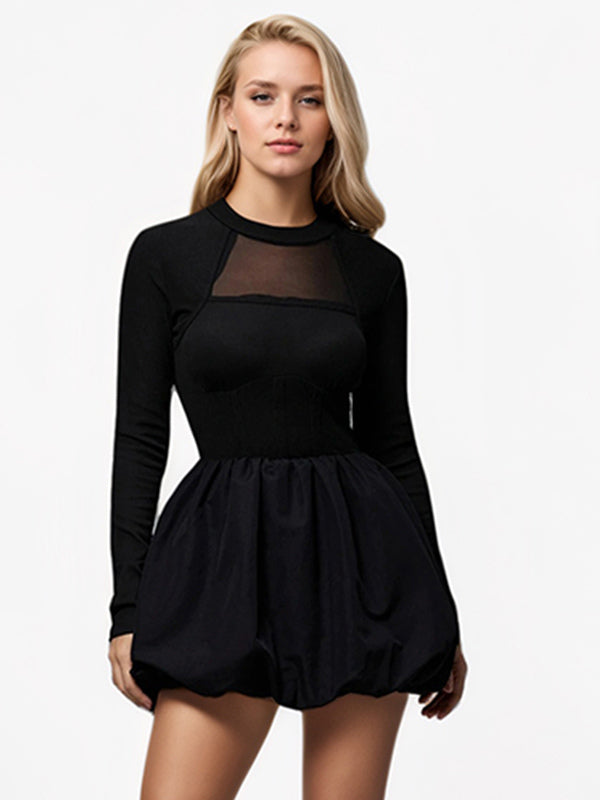 A-line Dress With Bubble Hem Mock Neck Long Sleeves Sheer Birthday Party Short Dress For Women 2026