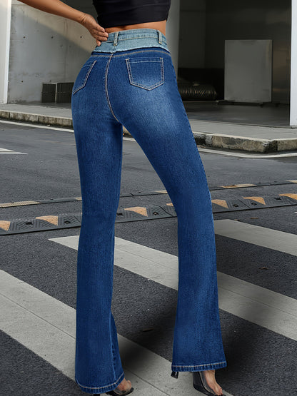 Flare Jeans For Women Two-Tone Y2K Style Blue Flared Denim Pants 2026