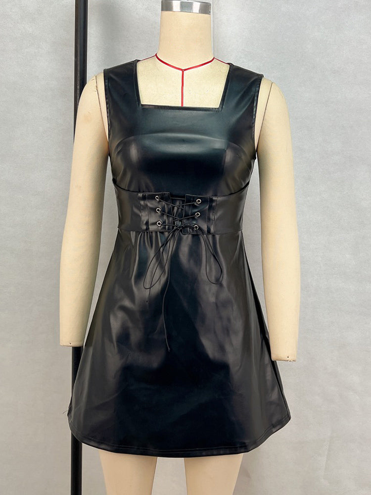 PU Leather Corset Dress Sleeveless Square Neck Sexy Short Club Dress For Women 2026