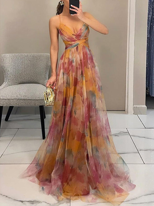 Floral Printed Maxi Strap Dress Cut Out Cross Waist Floor-Length Elegant Long Party Gown For Women 2026