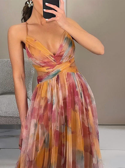 Floral Printed Maxi Strap Dress Cut Out Cross Waist Floor-Length Elegant Long Party Gown For Women 2026