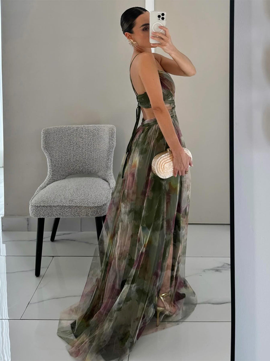 Floral Printed Maxi Strap Dress Cut Out Cross Waist Floor-Length Elegant Long Party Gown For Women 2026