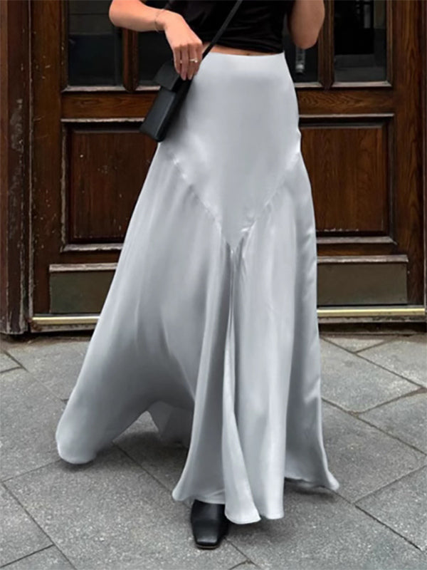 Gray Satin Skirt with Slit High Waisted Solid Color Summer A-line Long Skirt For Women 2026