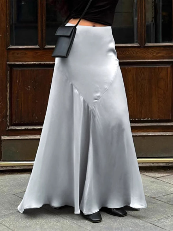 Gray Satin Skirt with Slit High Waisted Solid Color Summer A-line Long Skirt For Women 2026