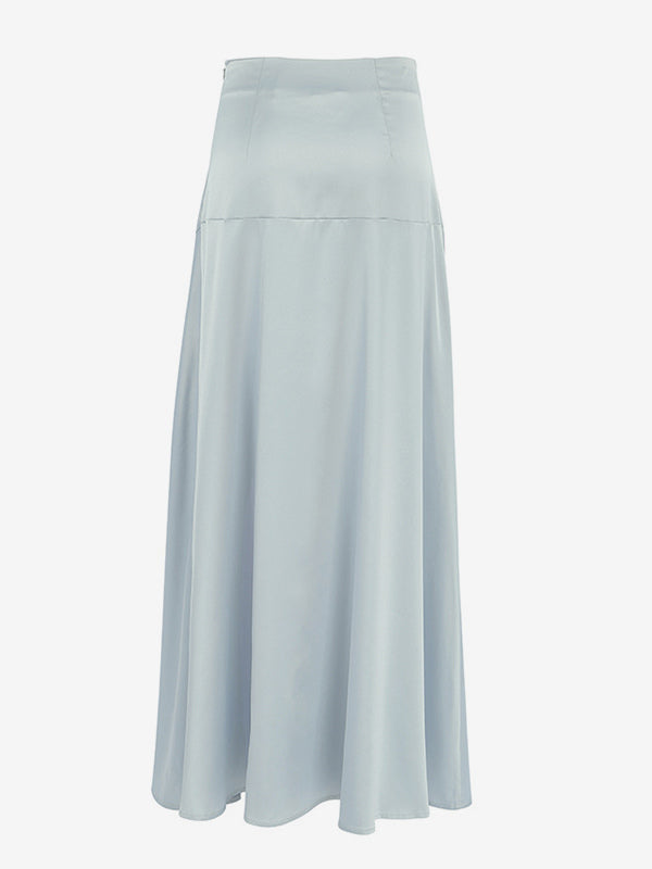 Gray Satin Skirt with Slit High Waisted Solid Color Summer A-line Long Skirt For Women 2026