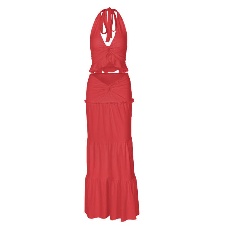 Halter v neck ruffle ruched maxi dress skirt set