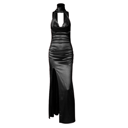 Halter cowl neck ruched backless slit maxi dress