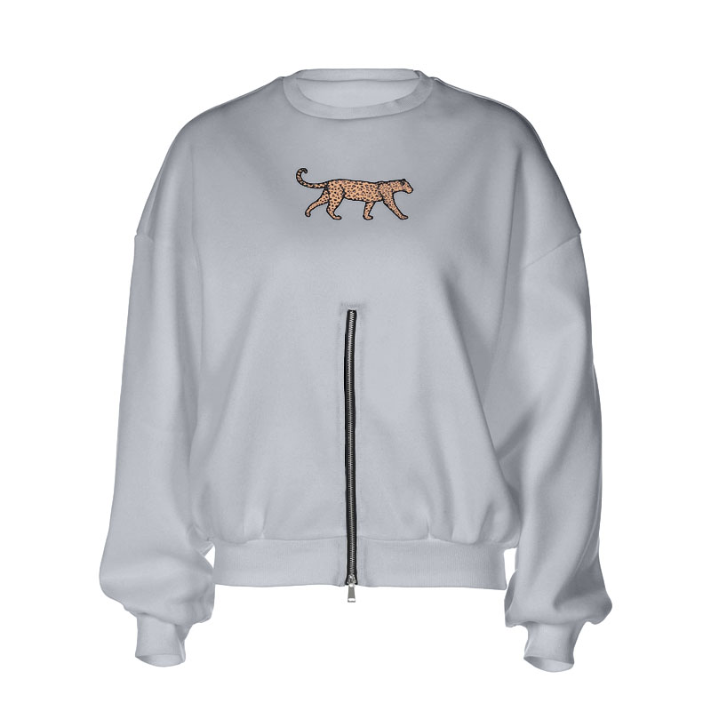 Long sleeve crewneck leopard pattern zip-up top