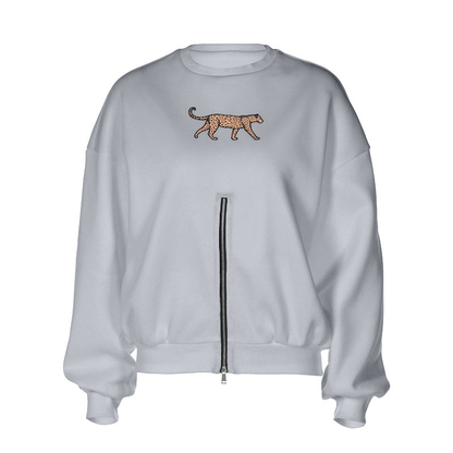Long sleeve crewneck leopard pattern zip-up top