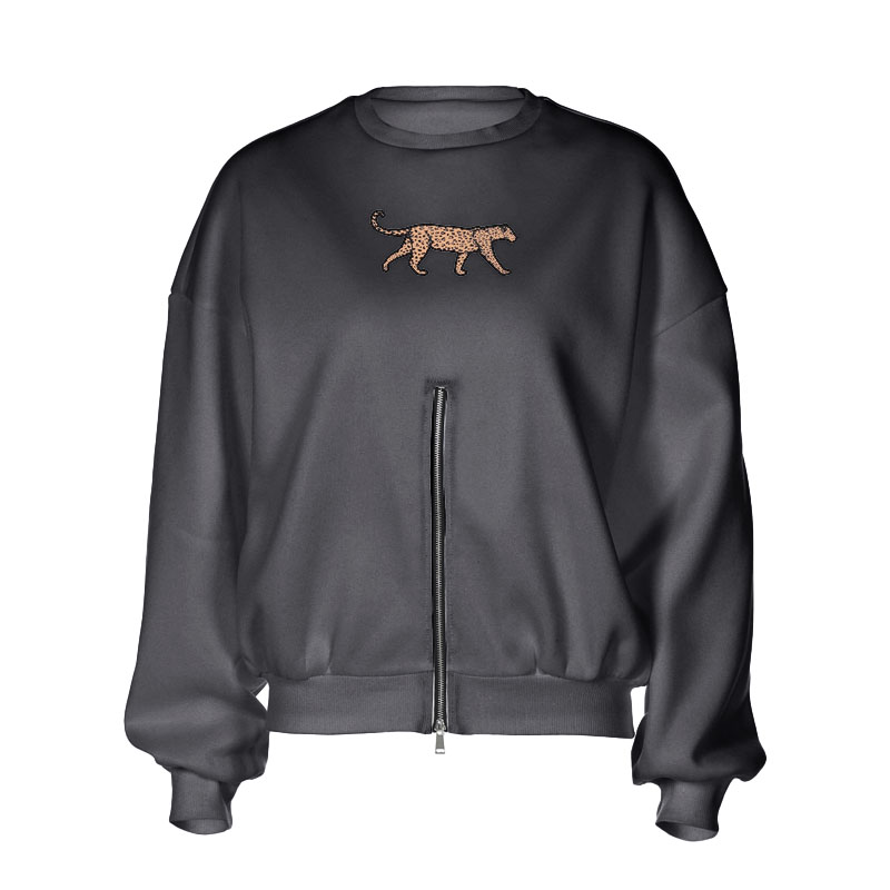 Long sleeve crewneck leopard pattern zip-up top