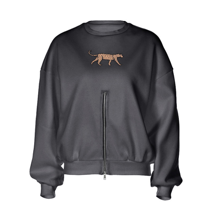 Long sleeve crewneck leopard pattern zip-up top