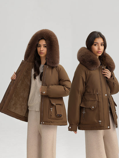 Plush Thickened Parka Jacket With Faux Fur Collar Hooded Winter Outerwear For Women 2026