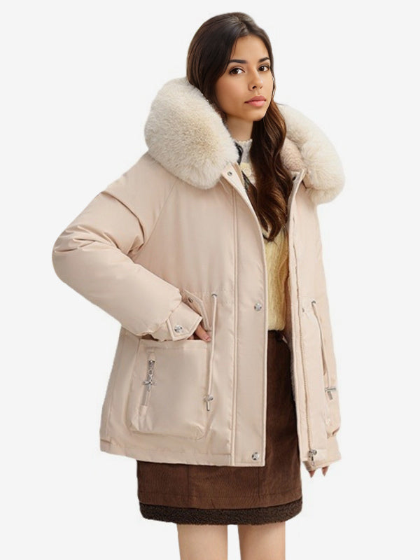 Plush Thickened Parka Jacket With Faux Fur Collar Hooded Winter Outerwear For Women 2026