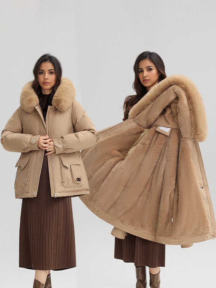 Plush Thickened Parka Jacket With Faux Fur Collar Hooded Winter Outerwear For Women 2026