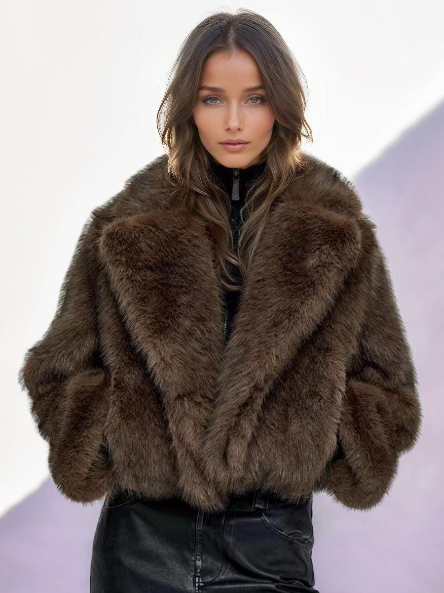 Faux Fur Jacket In Brown Notched Lapel Winter Outerwear For Women 2026
