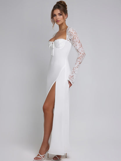 White Maxi Dress With High-slit Lace Long Sleeve Sexy Bodycon Long Dress For Women 2026