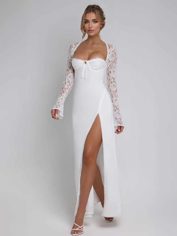White Maxi Dress With High-slit Lace Long Sleeve Sexy Bodycon Long Dress For Women 2026
